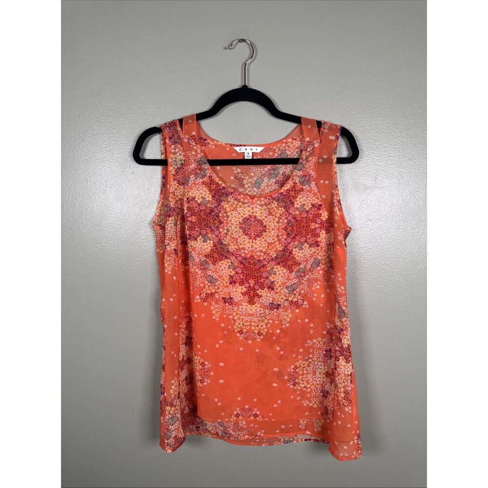 Cabi #268 Orange‎ Floral Layered Merrow Edge Chiffon Tank Top Size Small